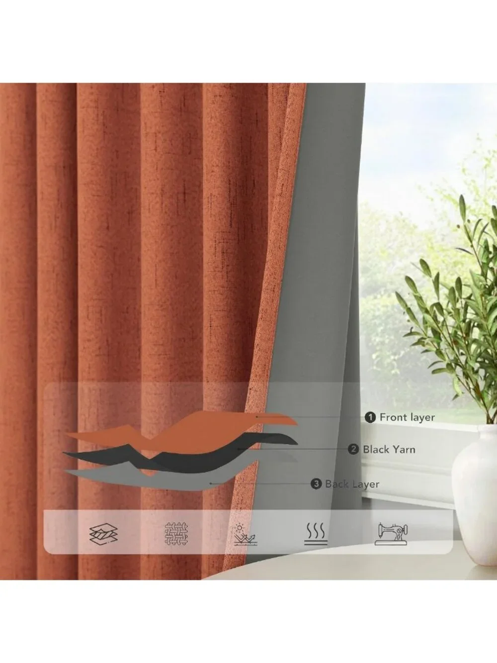 63-Inch Terracotta Blackout Curtains - 2 Panels, Boho Linen, Room Darkening for